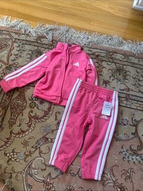 adidas Pink Girls Two-Piece Track Set with White Stripes